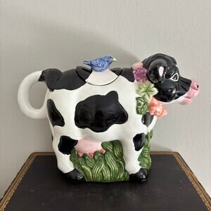 Vintage 1993 Wang’s Ceramic Cow Teapot Holstein Blue Bird Whimsical Farmhouse